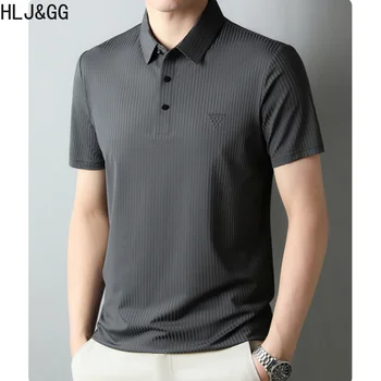 HLJ&GG Vestuário masculino Stripe Polo Camisa Alta de Negócios de Fim de Gelo Seda Respirável polos Casual Esportivo a Elasticidade Camisa de Golfe