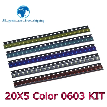5 Cores x20 Pcs =100pcs SMD 0603 LED Kit DIY Super Brilhante Vermelho/Verde/Amarelo/Azul/Branco de Água Clara diodo emissor de Luz Diodo Conjunto