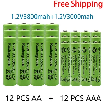 A bateria recarregável de 1,2 V AA 3800mAh NI-MH+AAA bateria de 3000mAh bateria Recarregável NI-MH 1,2 V AAA bateria frete grátis