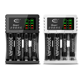 4 Slots de LED de indicação de Potência Inteligente USB Carregador Rápido Para AA AAA 5 Ou 7 Número de Bateria Inteligente, Rápido carregamento Rápido Branco Preto