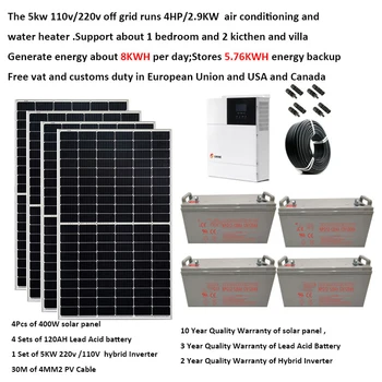 Painel Solar Kit Completo Com Bateria de 5000W 220V 110V PV Painel de 400W UPS Híbrido Inversor de Fora da Grade do Sistema 4HP Aquecedor de Villa Fazenda