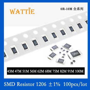 Resistor SMD 1206 1% 43 47M 51M 56m tipo de 62M 68 MILHÕES 75M, 82M 91M de 100M 100PCS/monte chip resistores de 1/4W 3,2 mm*1,6 mm de altura megohm