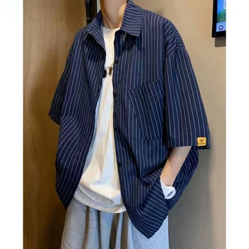 2023 Verão das tendências da Moda masculina de Manga Curta Casual Streetwear Camisa de Listra Impressão Solta Lapela Colarinho Preto/Azul da Camisa