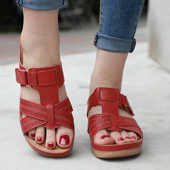 2023 Verão as Mulheres Sandálias de Cunha Ortopédico Premium Open Toe Sandálias Vintage Anti-derrapante Casual de Couro Feminino Plataforma Retro Sapatos