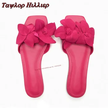 Verão Nova Rosa-Decoração De Flores Rasteirinha Simples Dedo Do Pé Quadrado Confortável Agasalho Vestido Versátil Elegantes Sapatos De Mulher