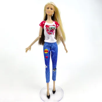 Moda de T-shirt Azul Superior Meias Calças Calças de Roupas Para a Boneca Barbie com Roupas 1/6 Bonecas Acessórios de Brinquedos Para Crianças de Presente