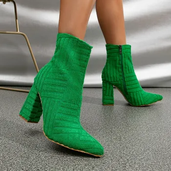 Novas Botas femininas Outono Senhoras Ankle Boots Verde Dedo Apontado Romano Botas de Jeans Sexy Praça Calcanhar do Lado do Zíper Botas