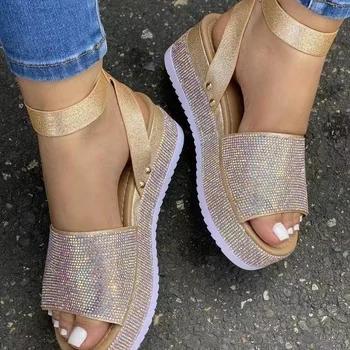 Mulheres Sandálias da Moda de pedra de Strass da Cunha Sandálias de Verão Senhoras Novo Salto Alto Sapatos de Plataforma Exterior Dedo do pé Aberto Casual Sandálias