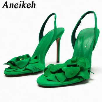 Aneikeh 2024 Elegante, Sexy Rebanho do Dedo do pé Redondo Aberto Toe Salto Agulha de Mulheres Decoração de Flores Elástico Sandálias de Vestido de Noiva