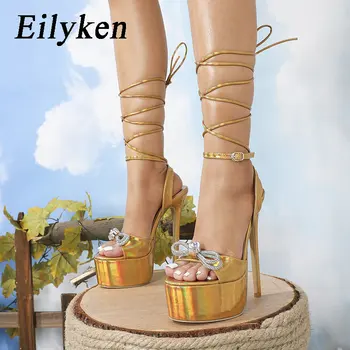 Eilyken Passarela Estilo Borboleta de Cristal-nó Plataforma Sandálias das Mulheres Aberto Toe Fivela de Cinta Boate Parte Fino Salto Alto Sapatos