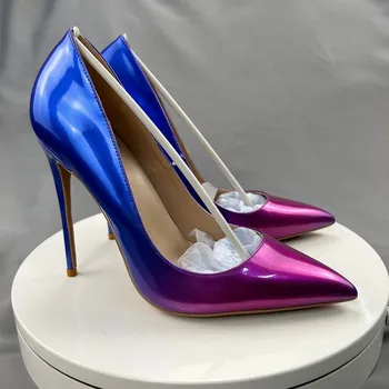 Moda Azul-roxo Gradiente Mulheres Bombas Fino Salto Alto de Couro de Patente Pontiagudo Dedo do pé Calçados em Tamanho Grande 33-45 Fêmeas Bombas