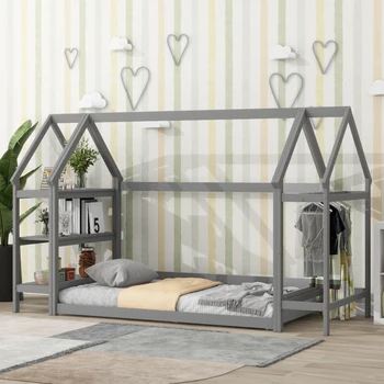 Cinza Twin Casa em Forma de Andar Cama com 2 Destacável Stands,Fácil de montar para o interior da mobília do quarto