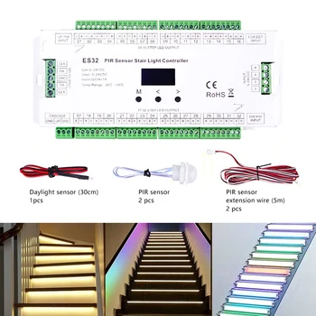 ES32 do Sensor de PIR, Escada de Luz Controlador de 32CH Única Cor 2CH Pixel RGB SPI Tira de LED Dimmer 8-32 Passos LED Fita Escada de Luz