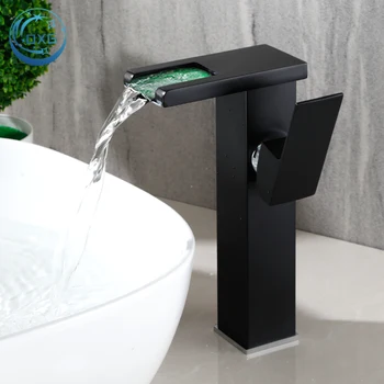 OXG Curto/Alta Bronze Cachoeira Banheiro LED Faucet da Bacia Quente Frio Misturador de Guindaste Pia Toque de Cor Preta Alterar Alimentado pelo Fluxo de Água