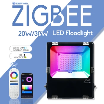 O Projector exterior Zigbee RGBCCT 30W LED à prova d'água Jardim da Lâmpada Grau Compatível com Tuya App Alexa Eco Plus de Voz, Controle de RF
