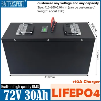 72V 30Ah Lifepo4 bateria de lítio BMS para 1500w 3000w bicicleta elétrica de moto, scooter, Triciclo moto elétrica de 10A carregador