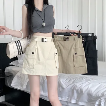 Estilo coreano de Cintura Alta Mini-Saia Mulheres da Moda com Cinto de Curto Carga Saias Y2K Streetwear Bolso Grande Carga Saias 2023