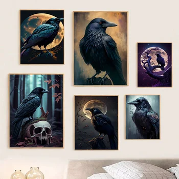 Aquarela Black Raven Crânio Lua Raven Ilustração Do Cartaz De Lona Da Pintura Abstrata Animal De Arte De Parede Para Sala De Estar Decoração De Casa