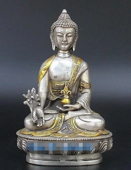 Koleksi Kuno Tibete Emas Perak Ukiran Tangan Patung Budha Pengobatan Janisajya