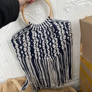 Corda de algodão artesanal tecida do saco de vime com alça, de borla Boêmio saco
