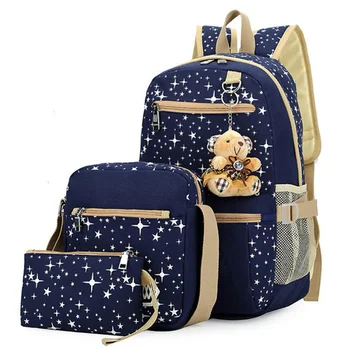 3pcs/set Mulheres Mochila mochilas Escolares Estrela de Impressão Bonito Mochilas Com Urso Para Adolescentes Meninas Bolsa de Viagem Mochila Mochilas