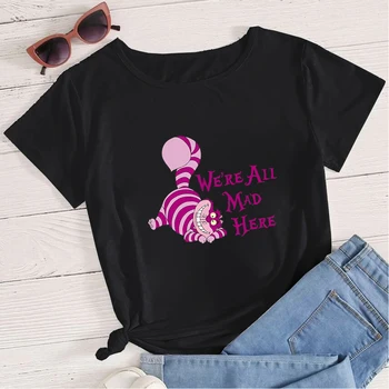 Mulheres T-shirt Clássico Disney Gato de Cheshire de Impressão Preto de Verão Tops Y2k Fashion T-Shirt Somos Todos Loucos Aqui Disneyland Viagem de Roupas