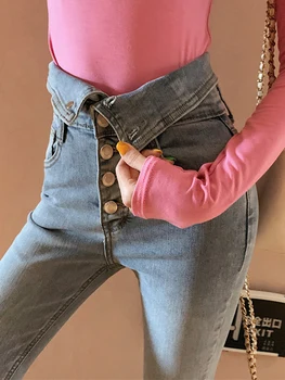 2023 Novo Outono Primavera Slim Fit Calças Skinny Ultra Cintura Alta Emagrecimento Breasted Jeans Jeans de Moda feminina