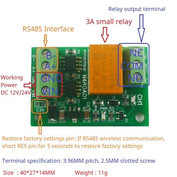 3A DC 12V 24V Pequeno 1CH Placa de Relé RS485 UART Serial Port Switch MODBUS RTU Comando 01/03/05/06/15/16 Código de Função Módulo