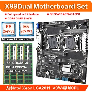 X99 Dupla placa-Mãe KIT LGA2011-3 2pcs XEON E5 2697 V3 14-core Processador de 4*16GB=64GB ddr4 2133mhz REG Ram Suporte E5 V3 V4 CPU