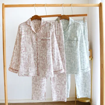 Verde, cor-de-Rosa de Moda Cores de Impressão Outono Mulheres Roupas de Algodão Simples, de Senhoras' Homewear roupa de dormir de Pijama Conjuntos para Mulher