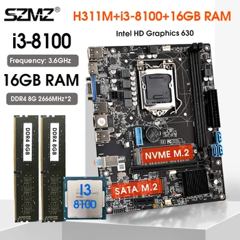 H311 placa-mãe kit i3 8100 CPU, 8GB*2=16GB 2666MHz ddr4 memória do PC Núcleo de apoio 6/7/8/9 geração do processador LGA 1151 conjunto de placa-Mãe
