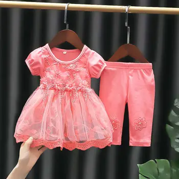 2023 Coreano Bebê Recém-Nascido Meninas De Vestido De Verão Conjunto De 2 Pcs Crianças Laço Beading & Bordados Vestidos + Cortada Calças De Crianças Roupas